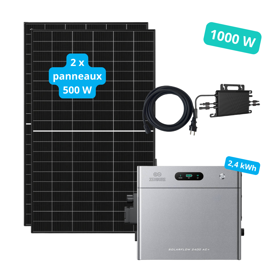 Kit solaire 1 000 W + stockage 2,4 kWh Zendure SolarFlow 2400 AC+