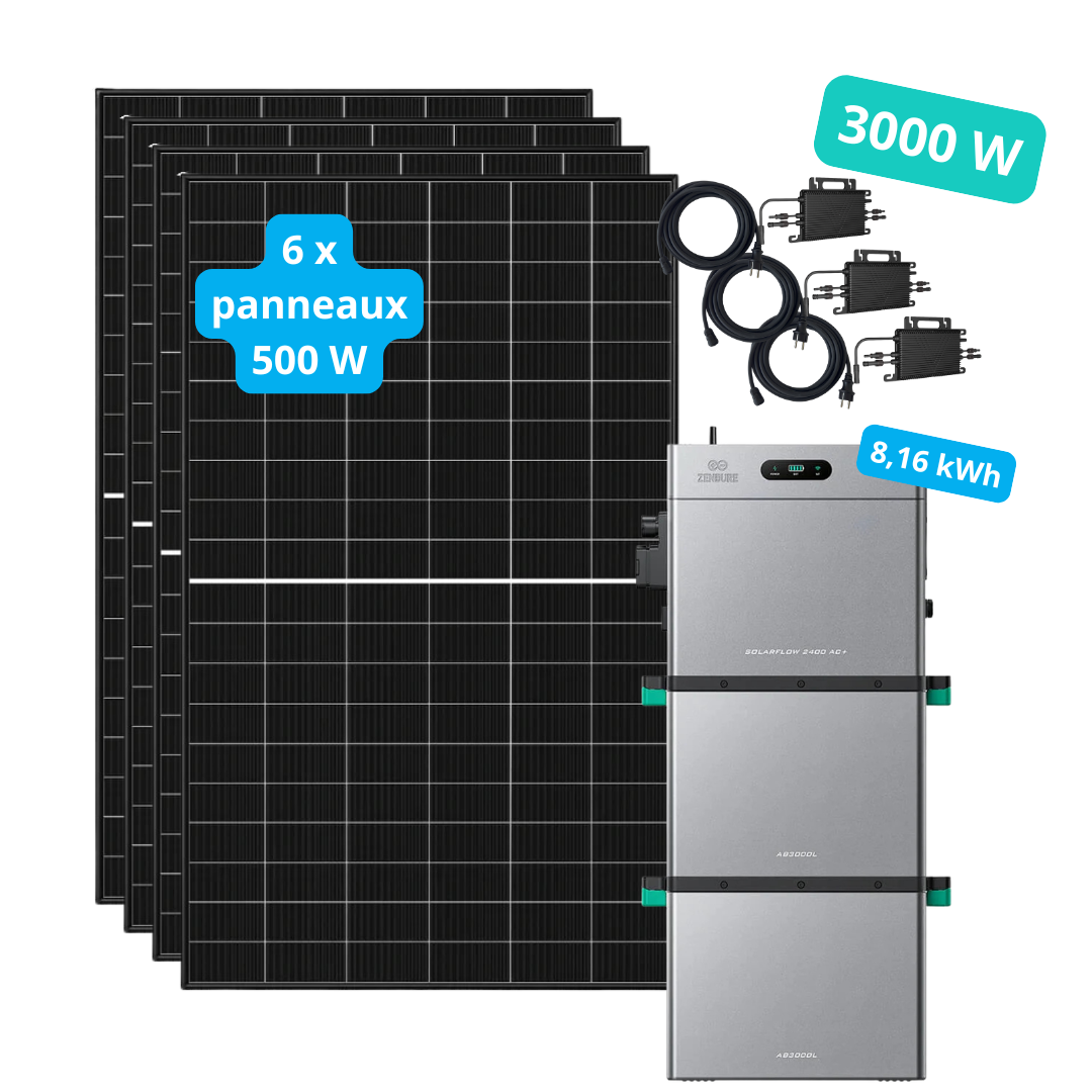 Kit solaire 3 000 W + stockage 8,16 kWh Zendure SolarFlow 2400 AC+