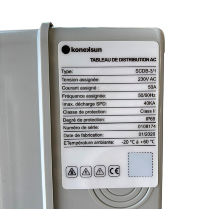 Optimisez et sécurisez votre installation avec le coffret de jonction AC 3 entrées, conçu pour centraliser jusqu’à 3 sources AC (micro-onduleurs, batteries, prises solaires) vers une sortie unique sécurisée. Pré-équipé avec disjoncteur différentiel type B, 3 disjoncteurs indépendants et un parafoudre intégré (SPD), il garantit une protection complète contre fuites, surintensités et surtensions. Robuste avec son boîtier IP65 – IK10, il est parfaitement adapté à une installation intérieure ou extérieure. 