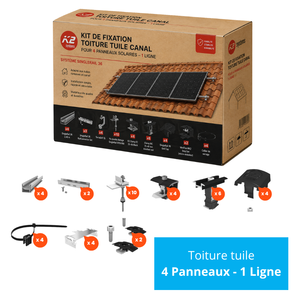 K2 Systems – Kit de fixation toiture tuile romane/canal – 4 panneaux – 1 ligne