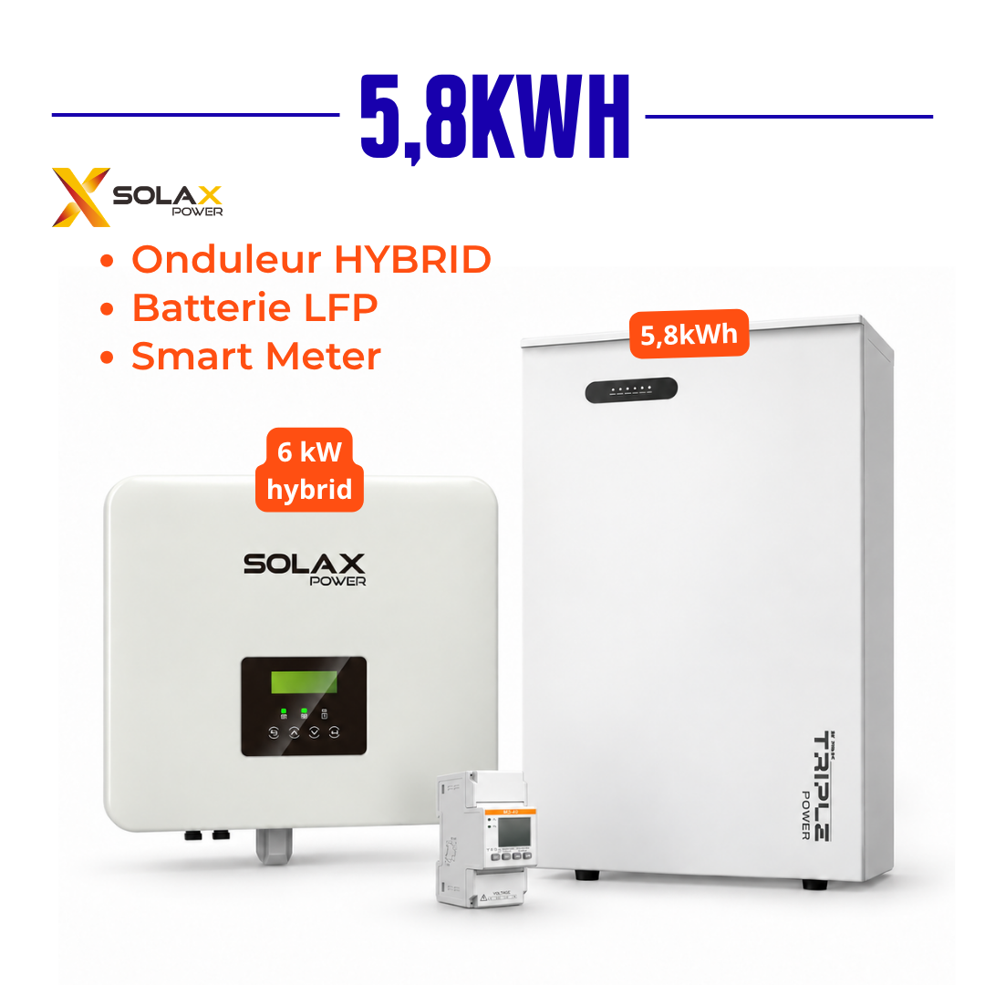 Kit Solax Power 5,8kWh - Onduleur hybrid 6kW G4 + batterie T58 master V3 + smart meter monophasé