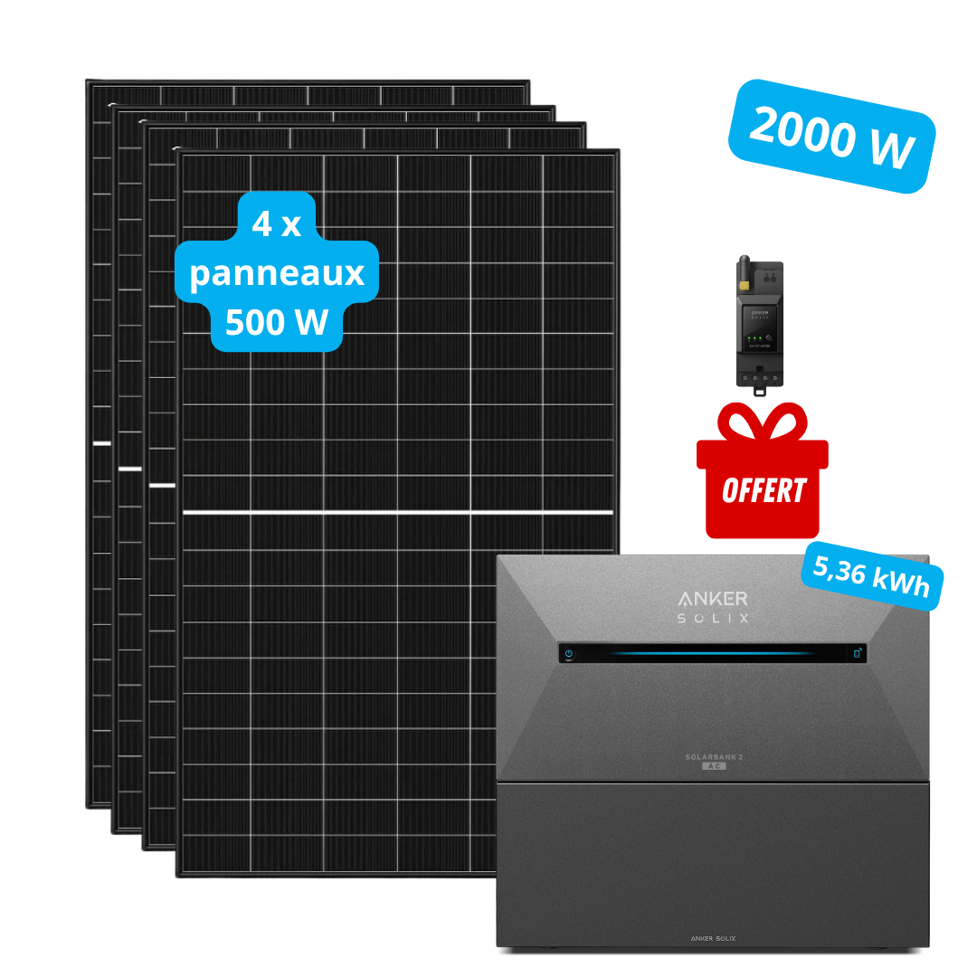 Kit solaire 2 000 W + stockage 5,36 kWh ANKER SOLIX Solarbank 3 – Smart Meter offert