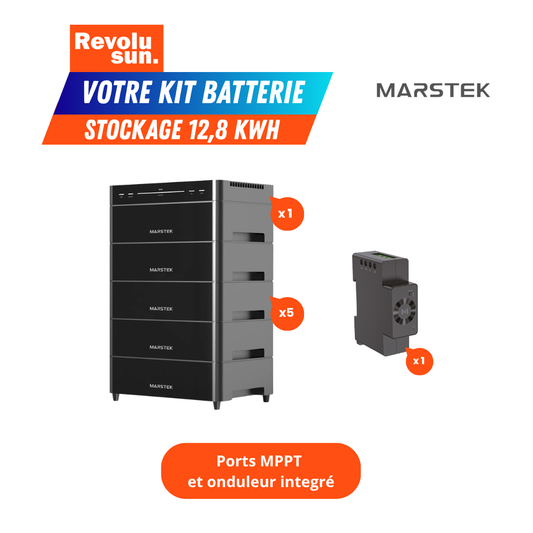 Passez à une autonomie énergétique maximale avec le Pack batterie Marstek Venus D + 4 extensions, offrant une capacité totale de 12,8 kWh pour couvrir une grande partie de vos besoins quotidiens en électricité. Grâce à la technologie Lithium LiFePO₄ (plus de 6 000 cycles), ce système garantit une durée de vie supérieure à 15 ans et une sécurité optimale.

Équipé d’un onduleur bidirectionnel jusqu’à 2 500 W et de 4 MPPT avec une entrée solaire jusqu’à 4 000 W, il permet de connecter directement vos panneaux.