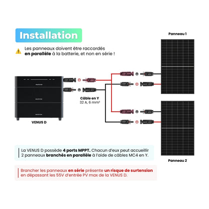schéma d'installation de la batterie de stockage VENUS D MARSTEK panneaux raccordés en parallèle et non en série