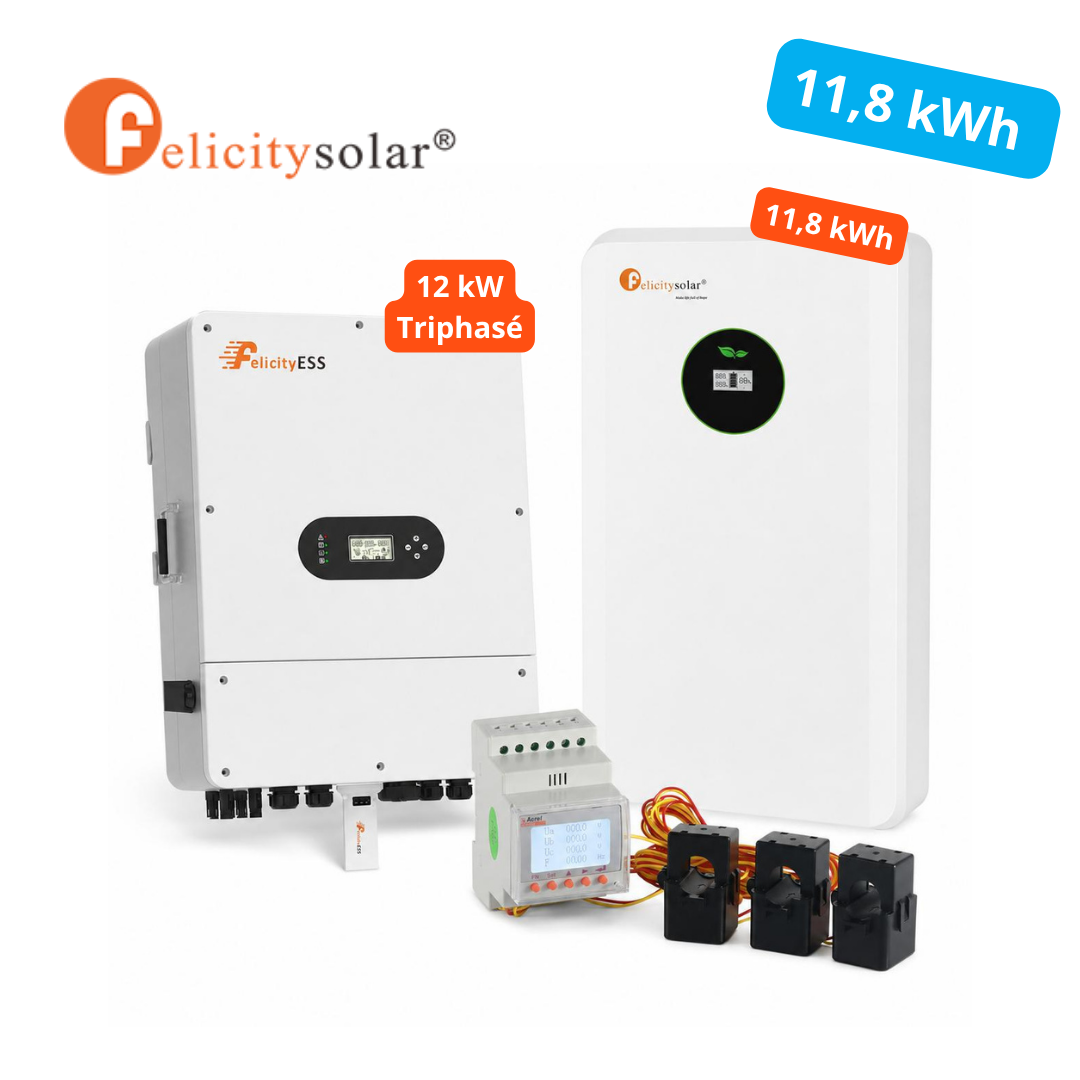 Kit Felicity Solar 11,8 kWh triphasé – Onduleur hybride triphasé 12 kW + Batterie LiFePO4  + Smart Meter triphasé