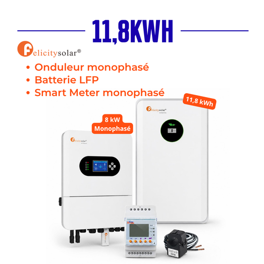 Kit Felicity Solar 11,8 kWh monophasé – Onduleur hybride 8 kW + Batterie LiFePO4 + Smart Meter monophasé
