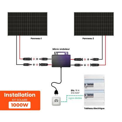 schema de raccordement et installation d'un kit autoconsommation solaire 2 panneaux et micro-onduleur branchement tableau électrique